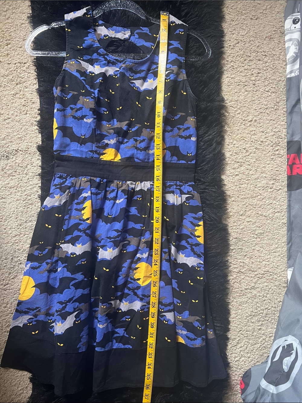 Retrolicious Black and Blue Bat Print Dress with Yellow Moons. - Picture 6 of 6